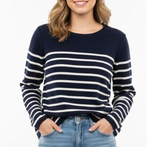 Lands’ End Navy Cream Cashmere Breton Stripe Crewneck Sweater Women’s L